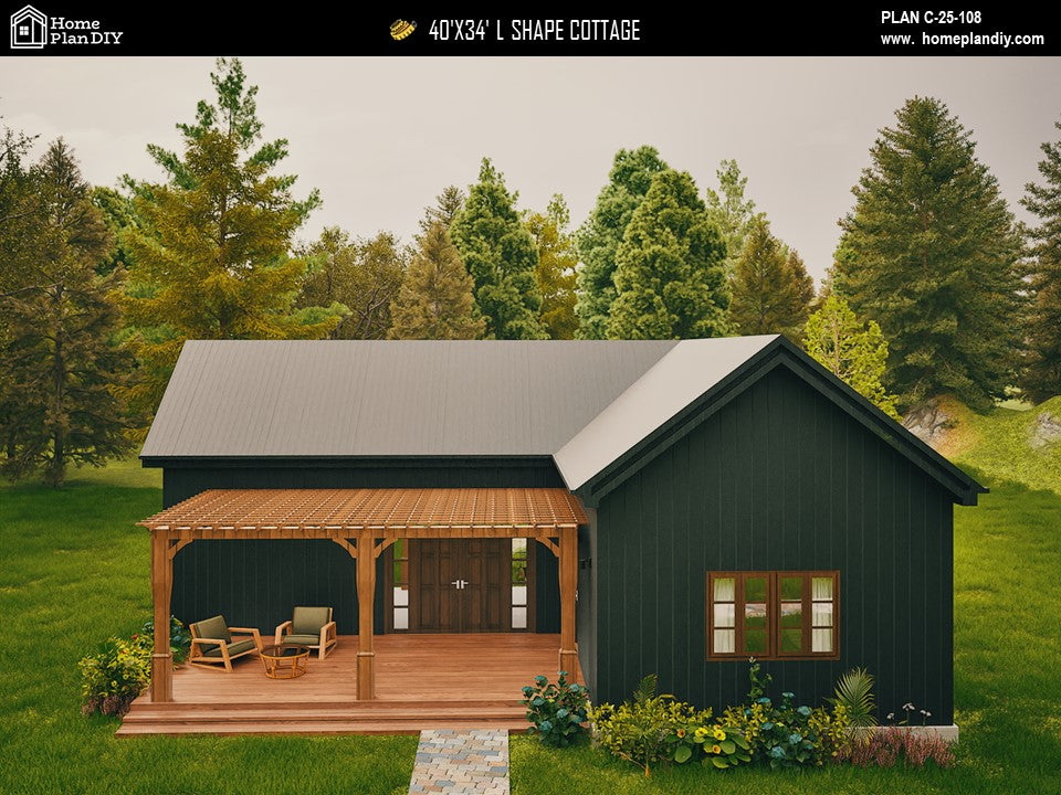 L-shaped cottage house plan with 3 bedrooms and 2 bathrooms