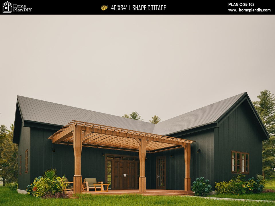 L-shaped cottage house plan with 3 bedrooms and 2 bathrooms