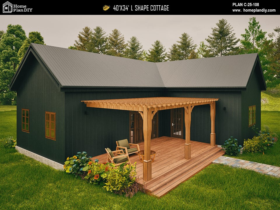 L-shaped cottage house plan with 3 bedrooms and 2 bathrooms