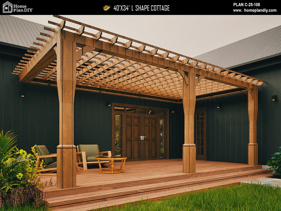 L-shaped cottage house plan with 3 bedrooms and 2 bathrooms