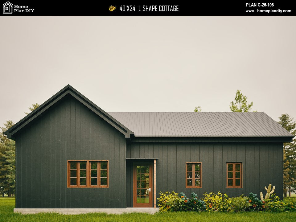 L-shaped cottage house plan with 3 bedrooms and 2 bathrooms