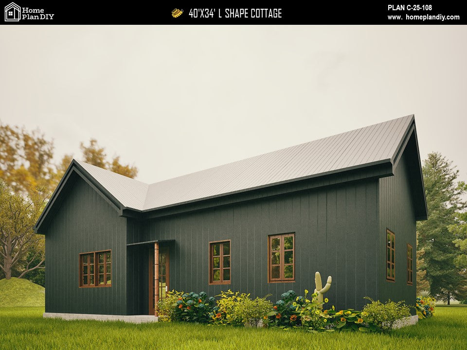 L-shaped cottage house plan with 3 bedrooms and 2 bathrooms