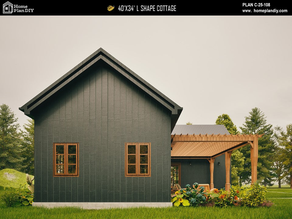 L-shaped cottage house plan with 3 bedrooms and 2 bathrooms