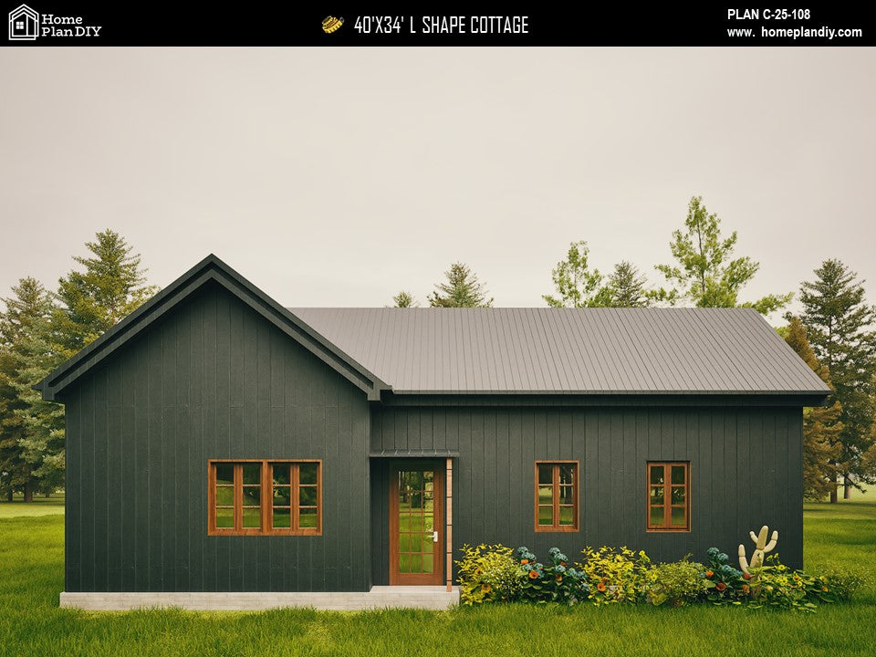 L-shaped cottage house plan with 3 bedrooms and 2 bathrooms