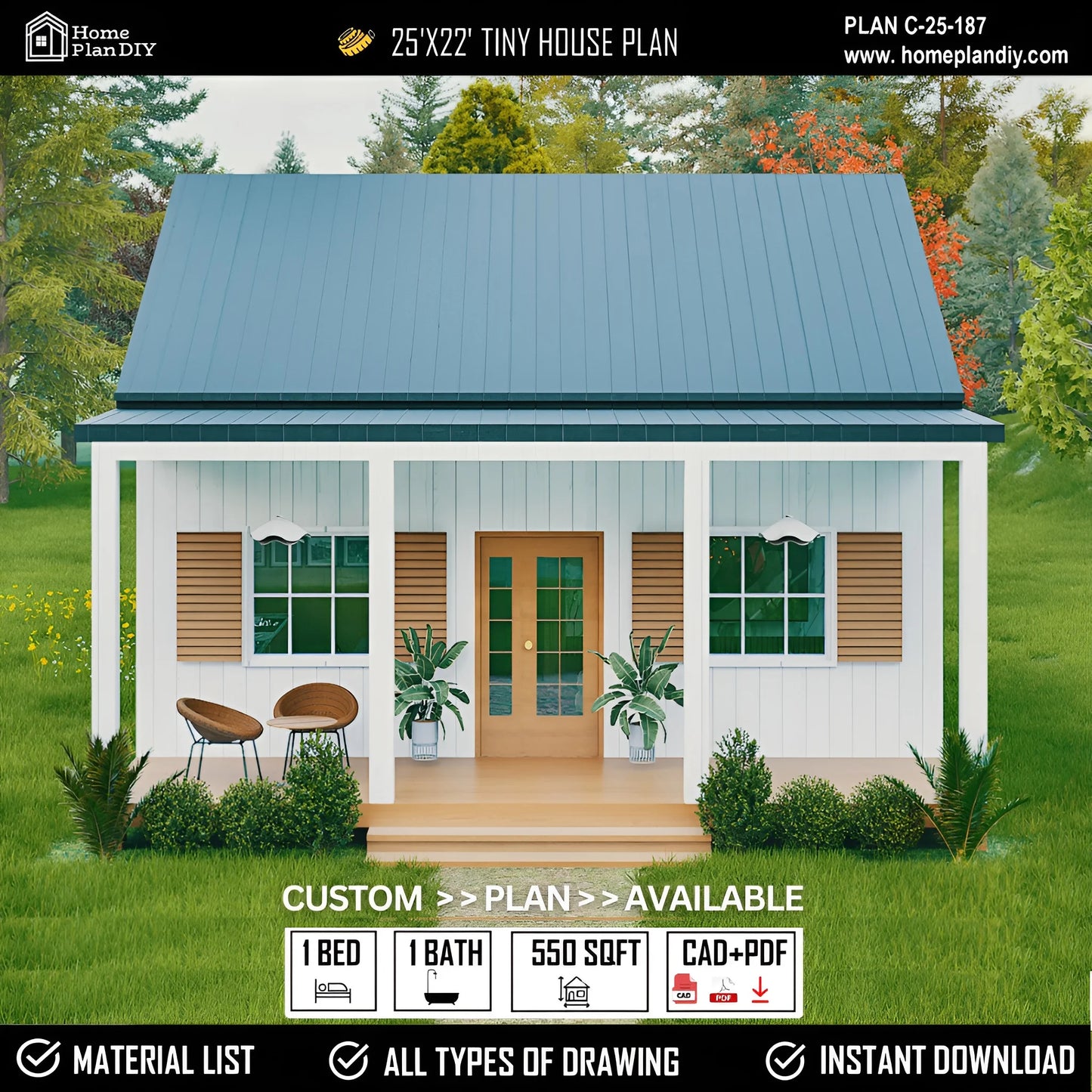 Modern 25x22 tiny house floor plan with 1 bed, 1 bath, porch, and slab foundation – 550 sq ft cabin blueprint