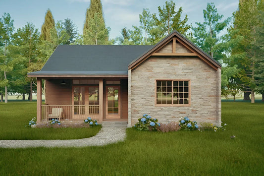 Exterior of a cozy cabin house with front porch in a natural setting