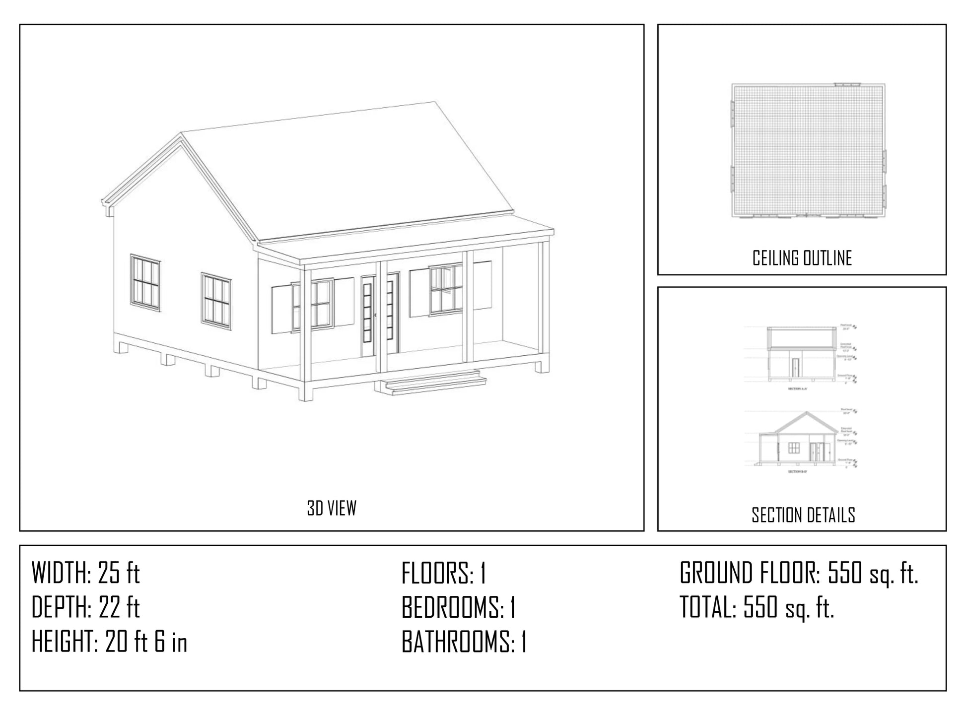 Modern 25x22 tiny house floor plan with 1 bed, 1 bath, porch, and slab foundation – 550 sq ft cabin blueprint