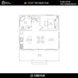 Modern 25x22 tiny house floor plan with 1 bed, 1 bath, porch, and slab foundation – 550 sq ft cabin blueprint