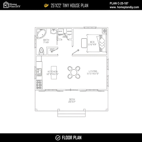 Modern 25x22 tiny house floor plan with 1 bed, 1 bath, porch, and slab foundation – 550 sq ft cabin blueprint