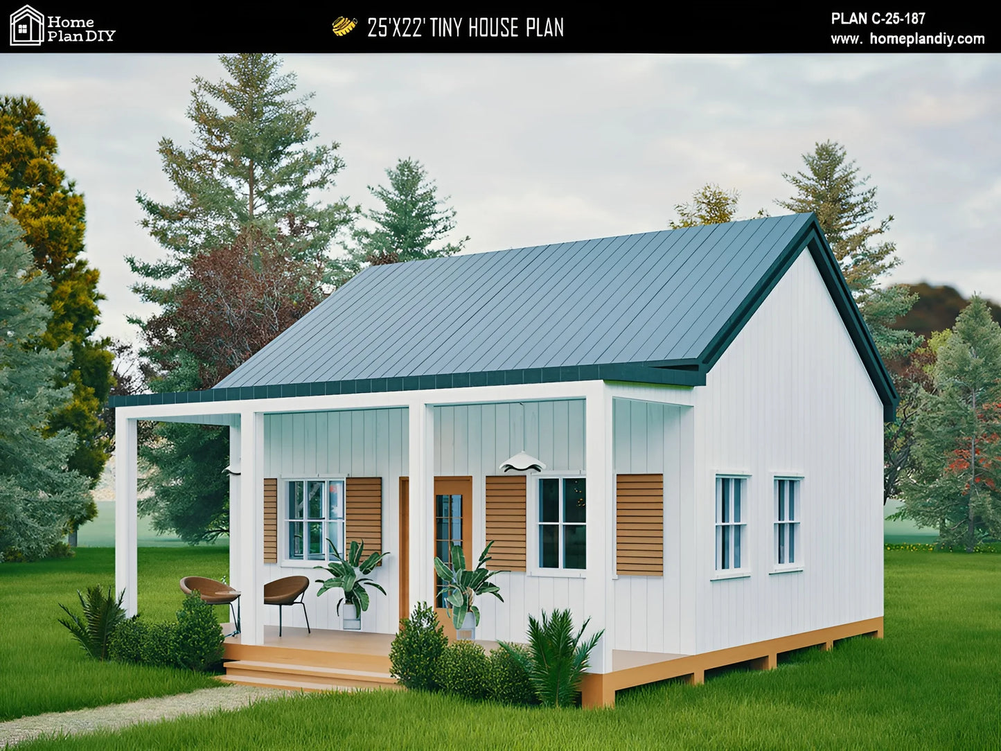 Modern 25x22 tiny house floor plan with 1 bed, 1 bath, porch, and slab foundation – 550 sq ft cabin blueprint