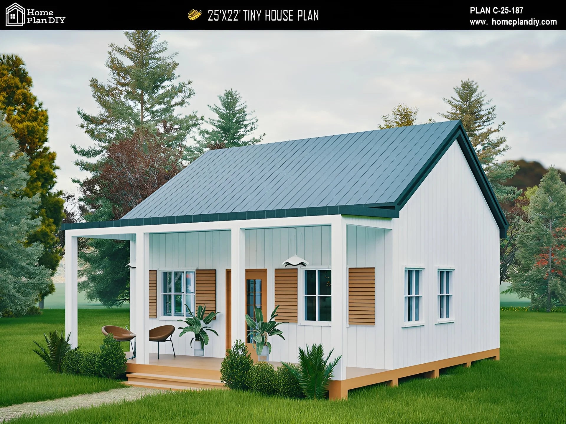 Modern 25x22 tiny house floor plan with 1 bed, 1 bath, porch, and slab foundation – 550 sq ft cabin blueprint