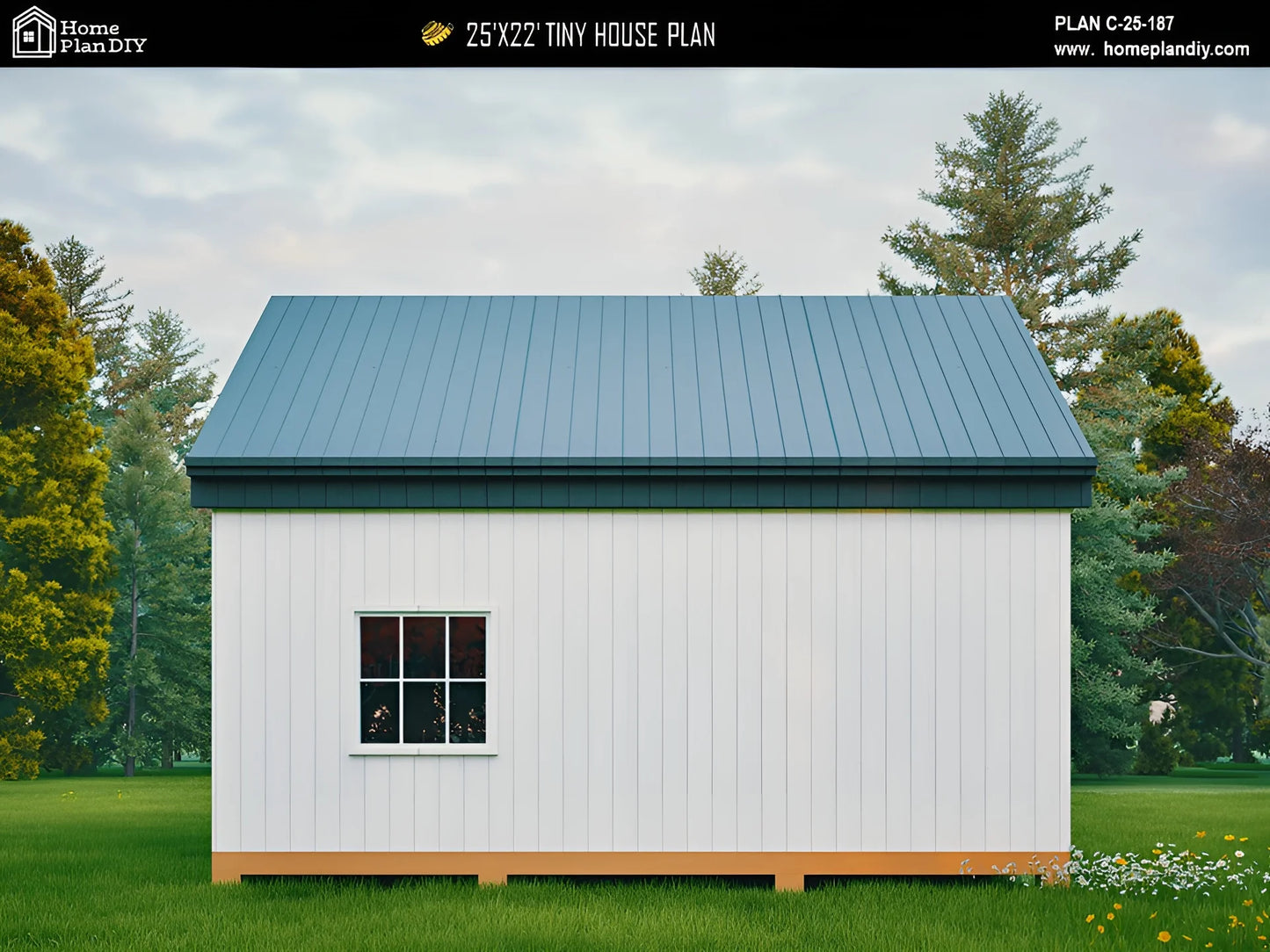 Modern 25x22 tiny house floor plan with 1 bed, 1 bath, porch, and slab foundation – 550 sq ft cabin blueprint