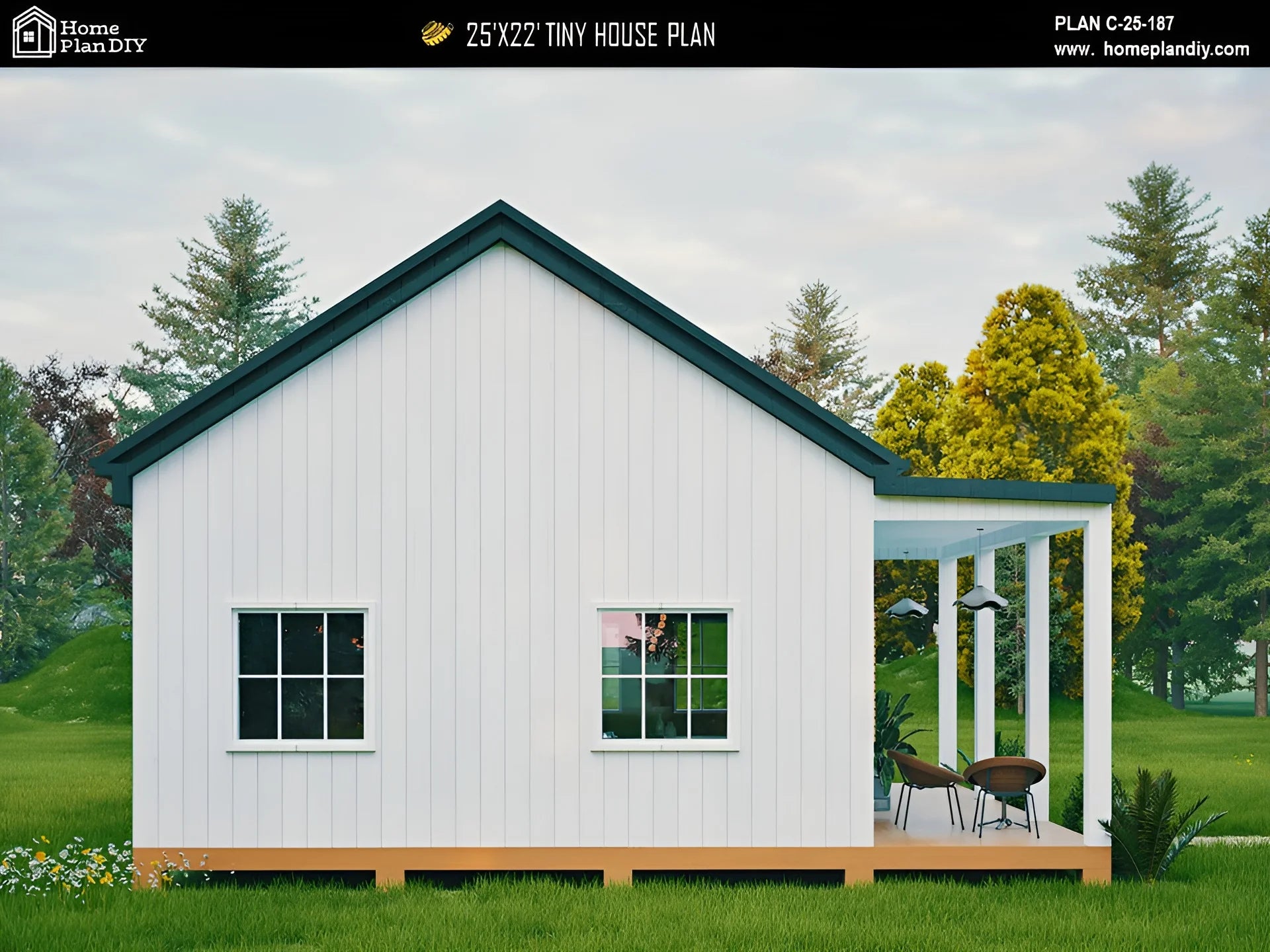 Modern 25x22 tiny house floor plan with 1 bed, 1 bath, porch, and slab foundation – 550 sq ft cabin blueprint