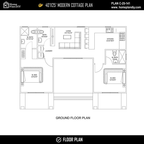 Tiny home design with loft and 3 full bathrooms