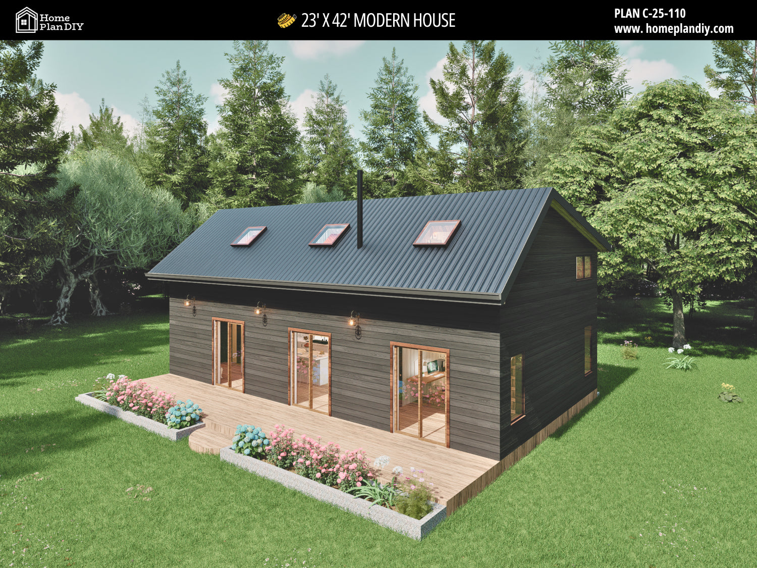 23x42 Modern Tiny House Plan Front View – Small Cabin Blueprint with Loft and Porch