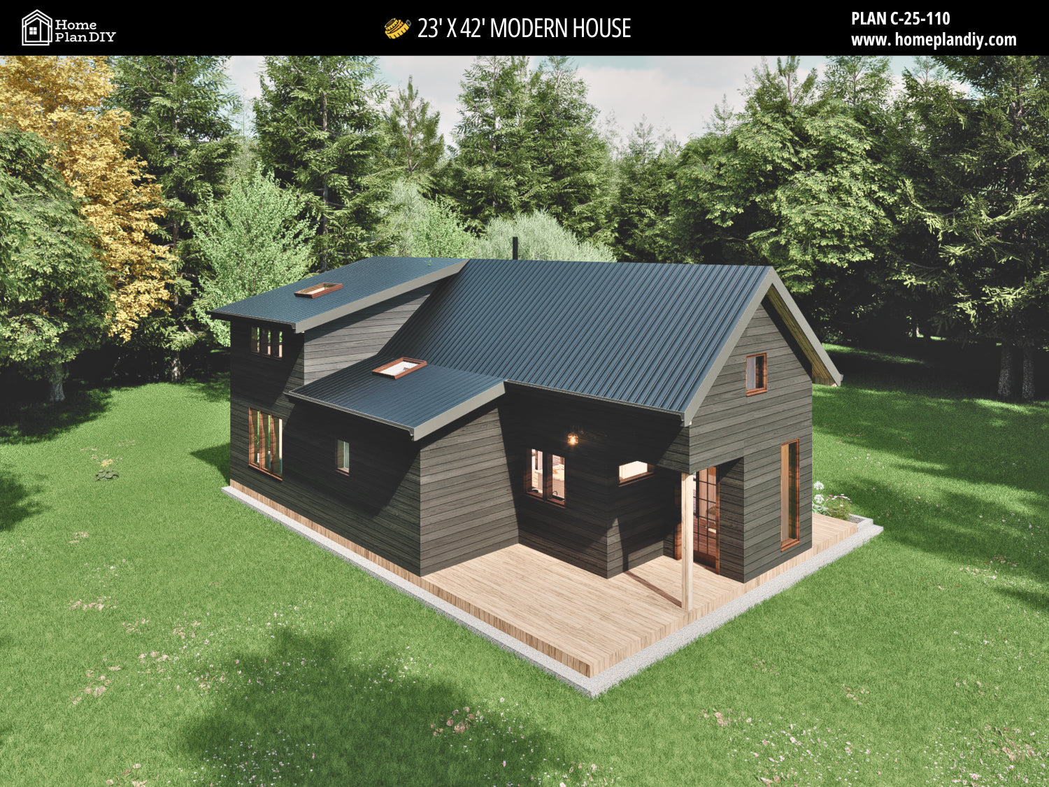 23x42 Modern Tiny House Plan Front View – Small Cabin Blueprint with Loft and Porch