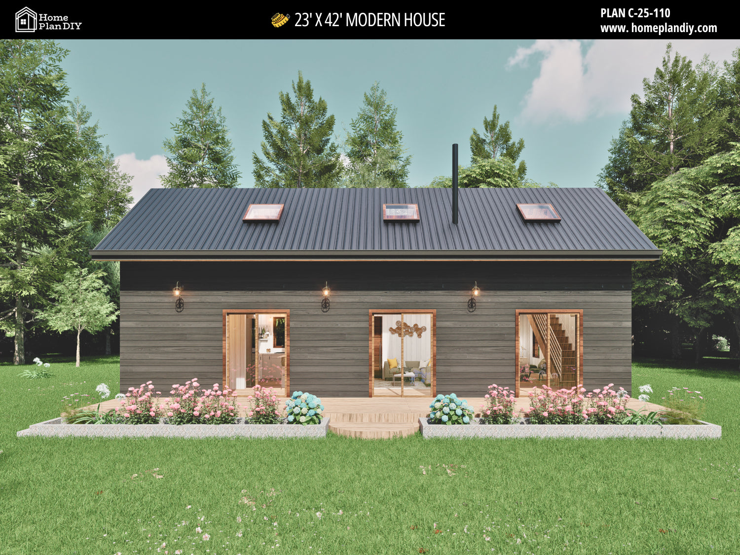 23x42 Modern Tiny House Plan Front View – Small Cabin Blueprint with Loft and Porch