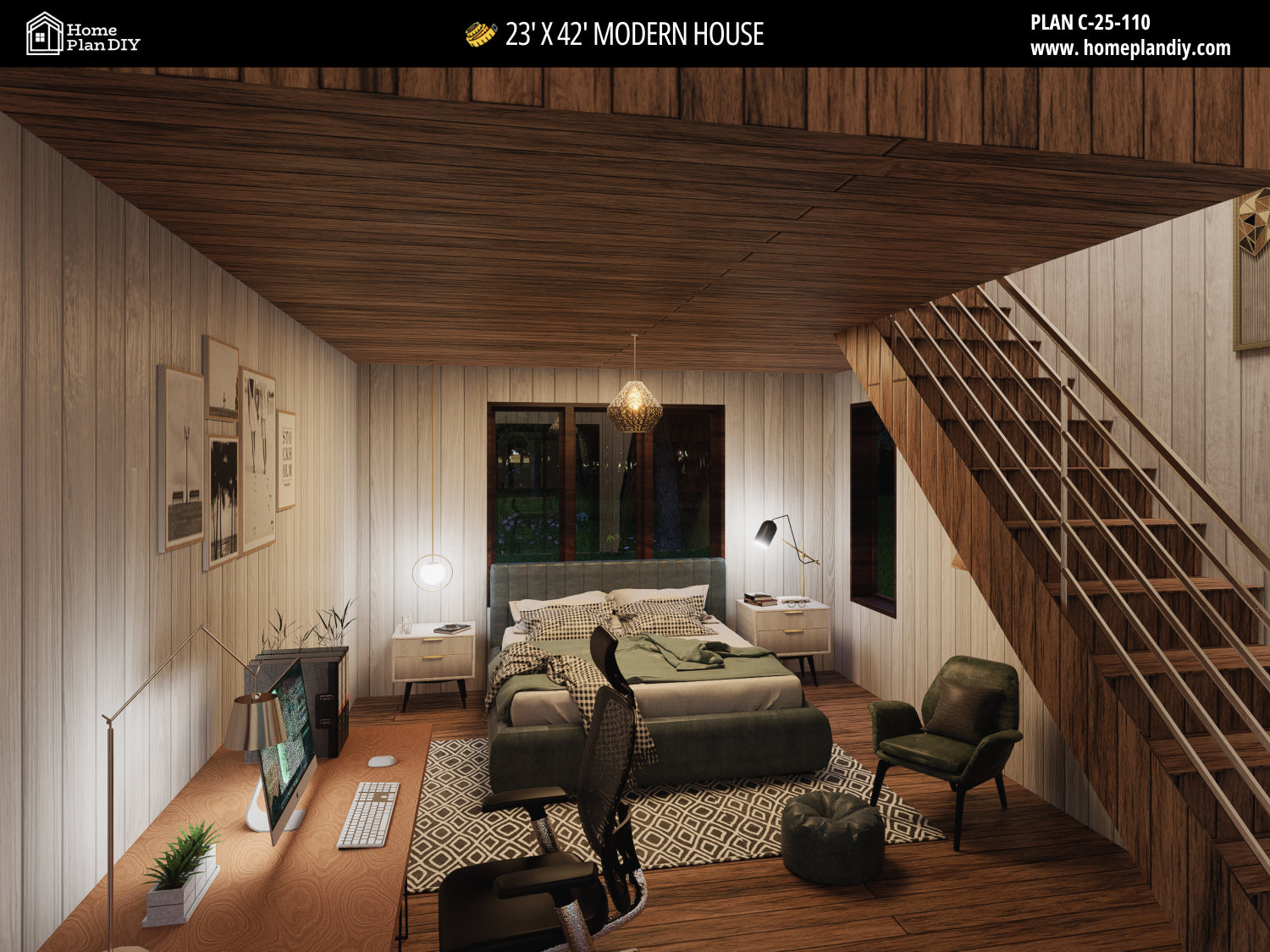 23x42 Modern Tiny House Plan Front View – Small Cabin Blueprint with Loft and Porch