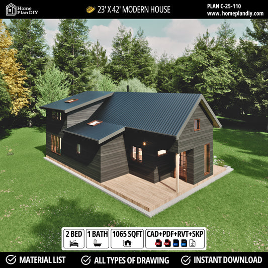 23x42 Modern Tiny House Plan Front View – Small Cabin Blueprint with Loft and Porch