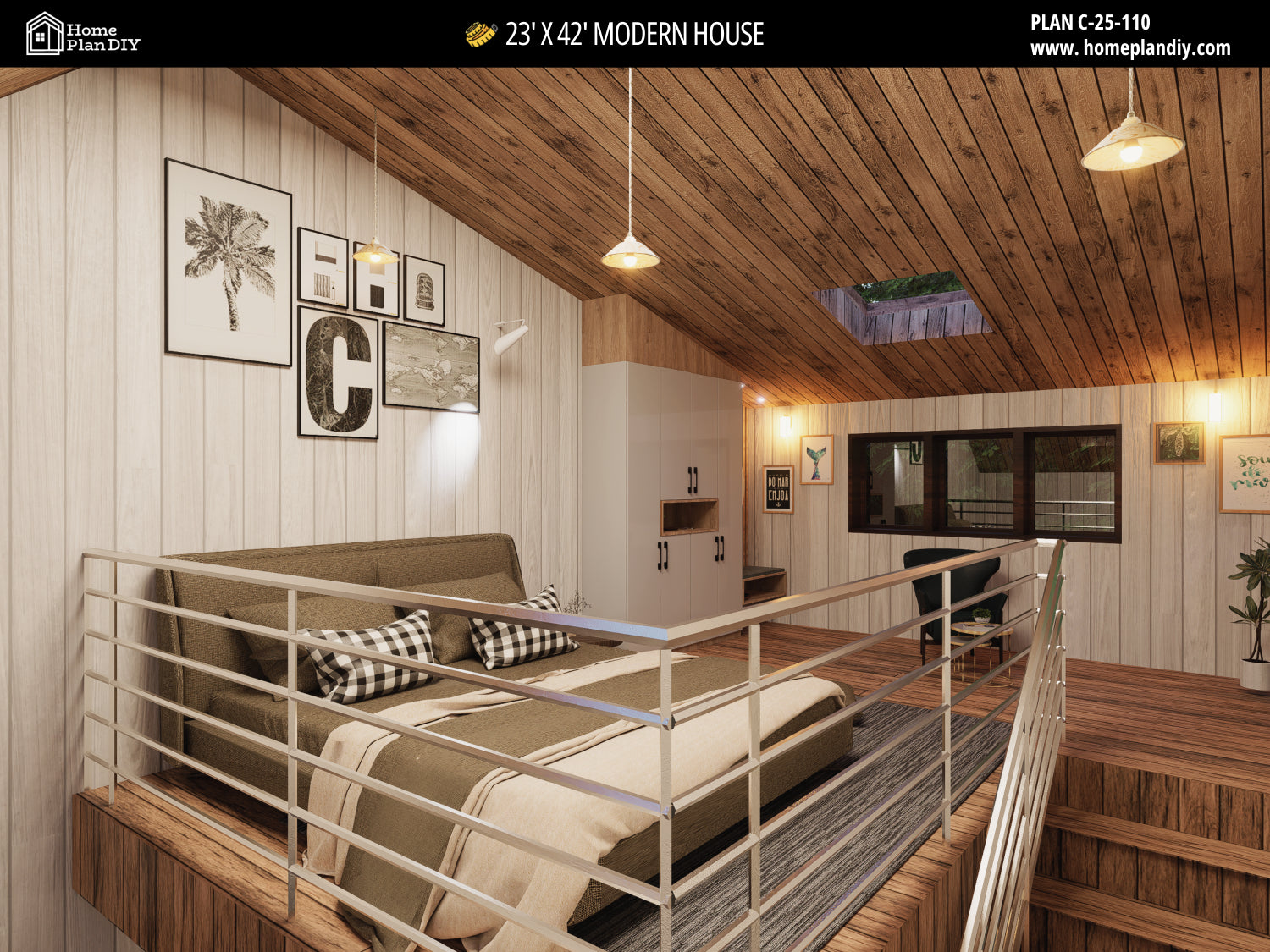 23x42 Modern Tiny House Plan Front View – Small Cabin Blueprint with Loft and Porch
