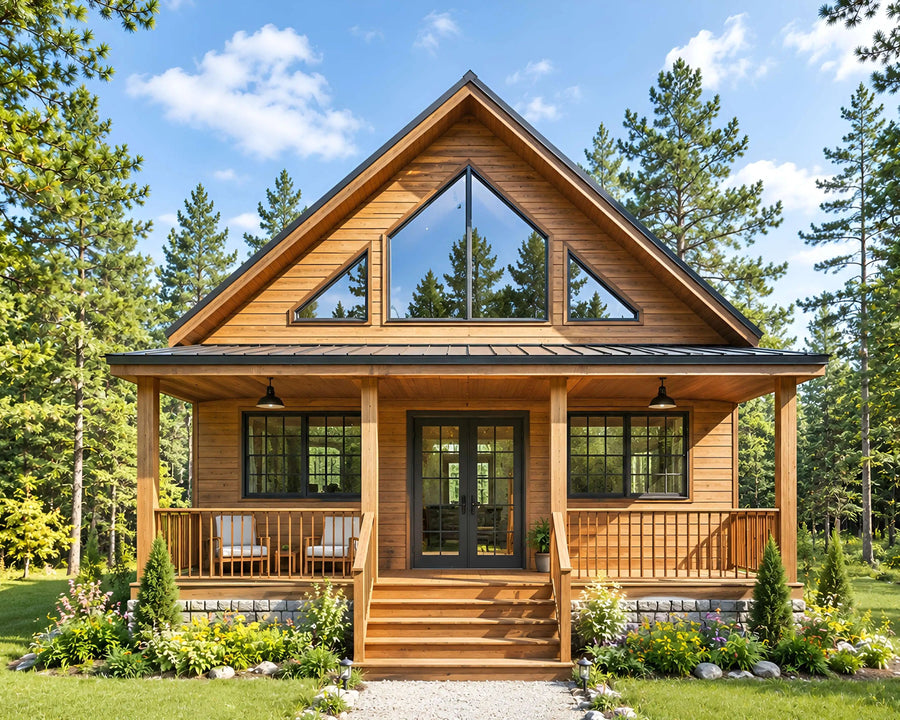 Modern cabin plan with wooden exterior and large windows, surrounded by trees.