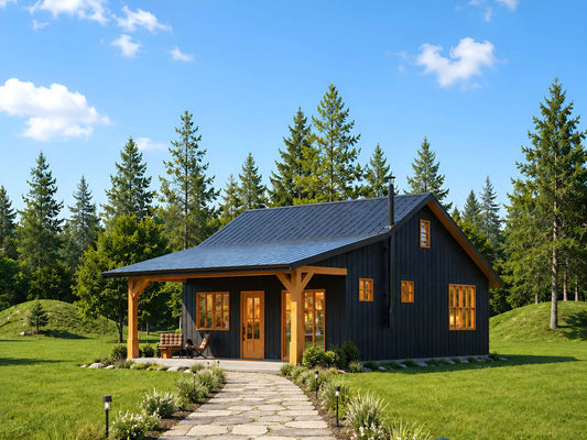 Modern cabin house plan, 768 sq ft, 1 bedroom with porch