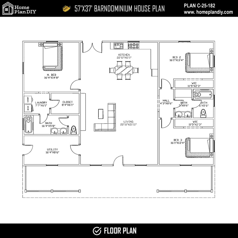 3 bedroom 2 bathroom barndominium floor plan with loft