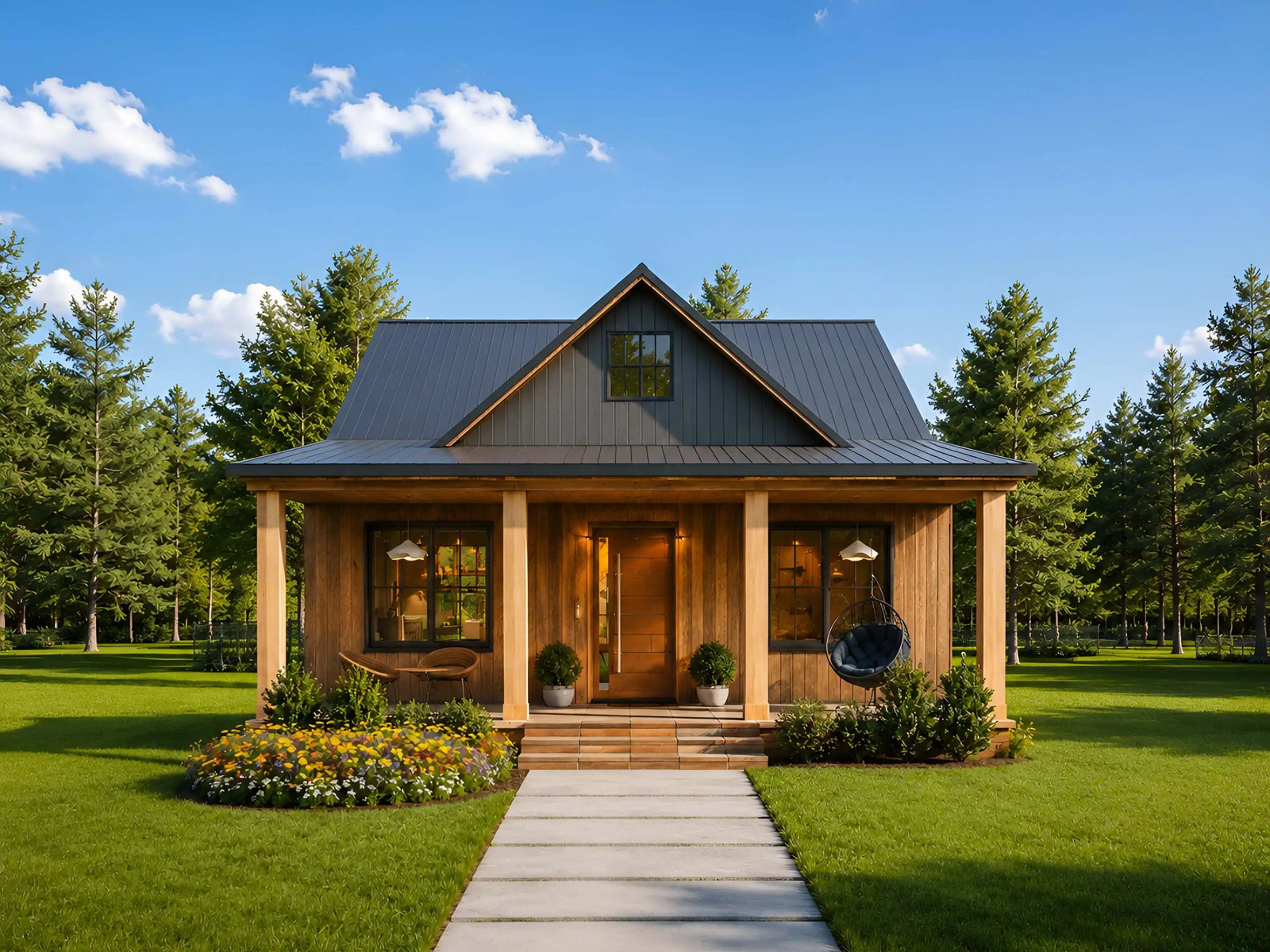 30x48 small log cabin-style house with a dark metal roof, light wood siding, and a covered front porch, shown in a landscaped yard with a walkway, trees, lawn, and blue sky.