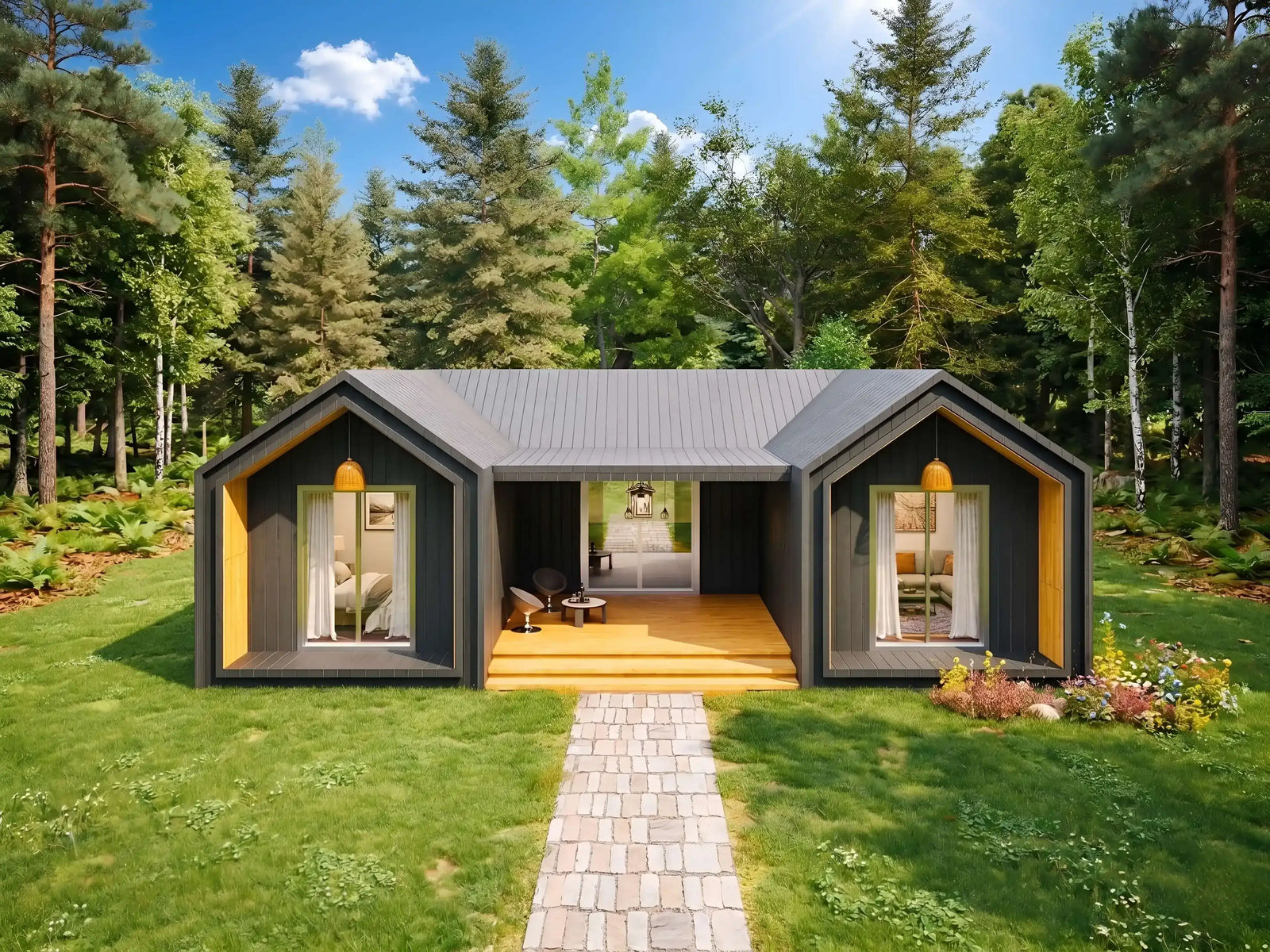 1000 square foot one-story modern timber frame cottage house plan with open layout