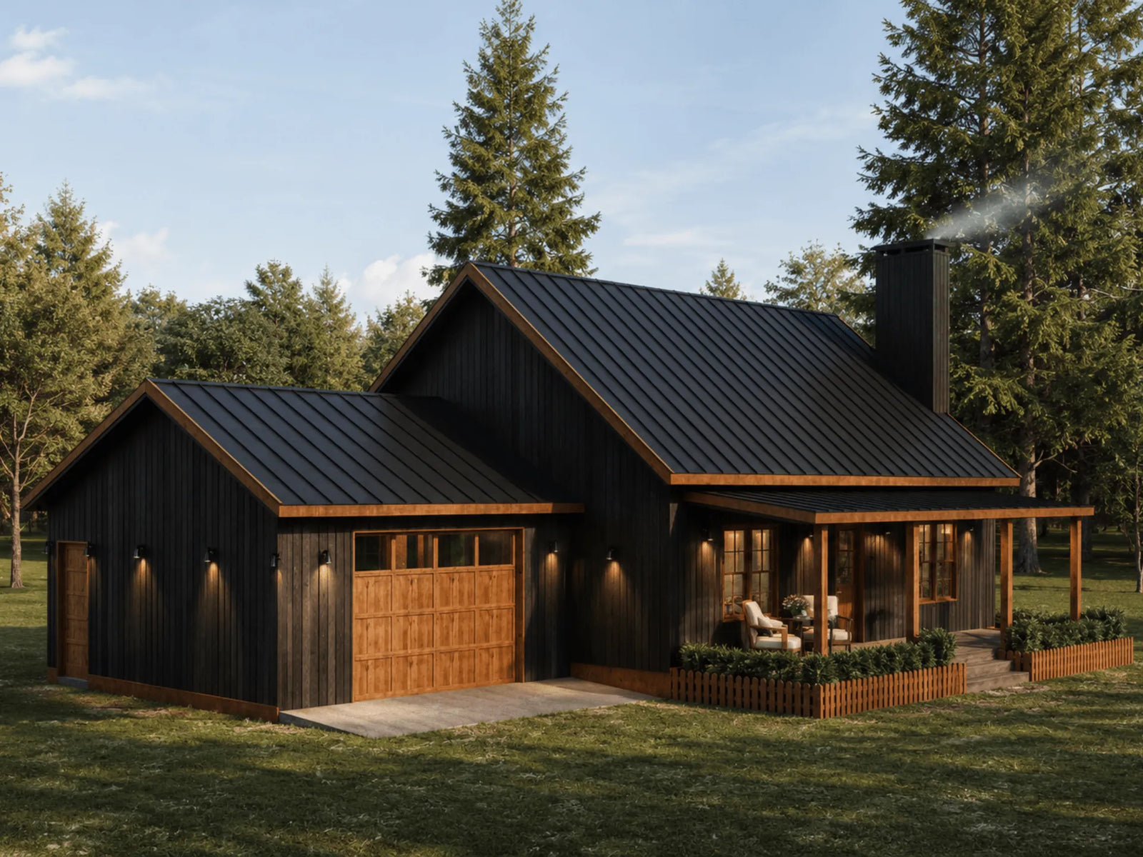 A modern single-story cabin with dark charcoal metal siding and a dark metal roof, featuring a wood garage door, porch, and chimney, set in a grassy field with pine trees under a blue sky.
