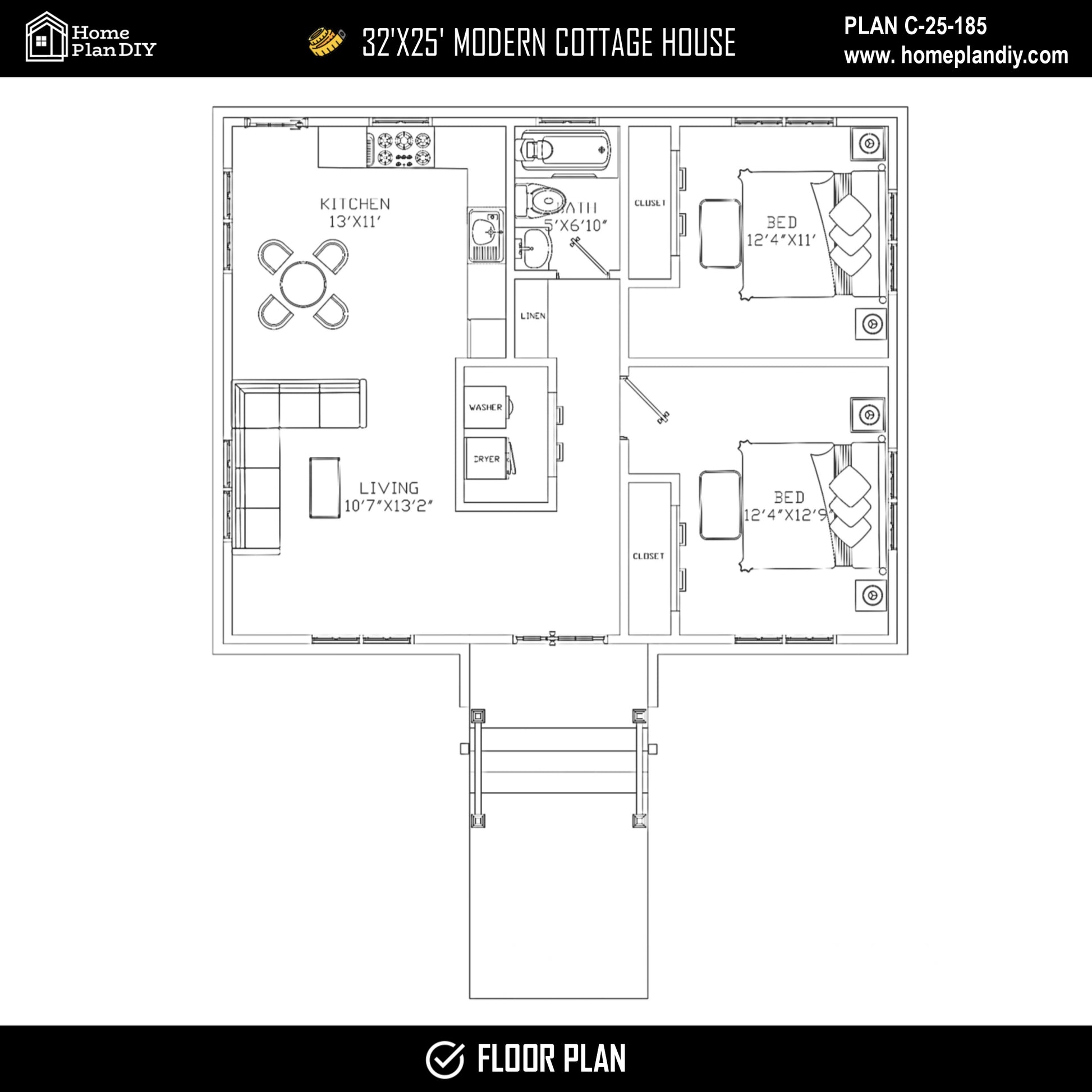 Floor plan of a modern cottage house with labeled rooms on a white background.