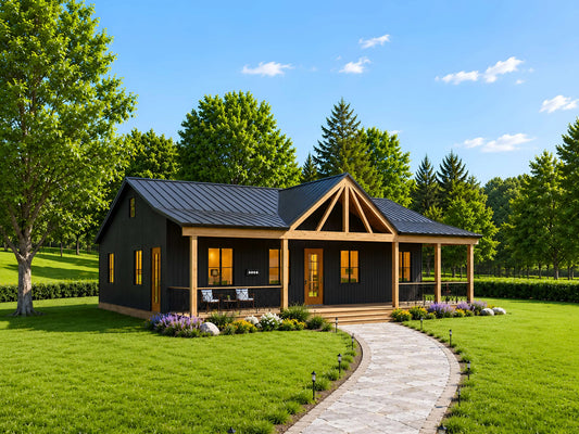 3 bedroom modern barndominium house plan, 57x37 one-story design