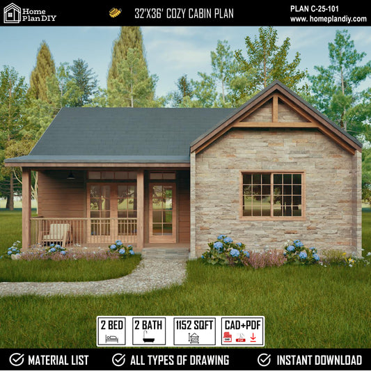 2 bedroom 2 bathroom cozy cabin house plan with porch