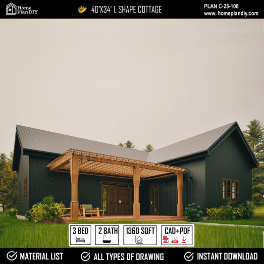 L-shaped cottage house plan with 3 bedrooms and 2 bathrooms