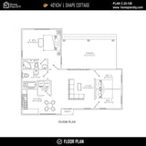 L-shaped cottage house plan with 3 bedrooms and 2 bathrooms