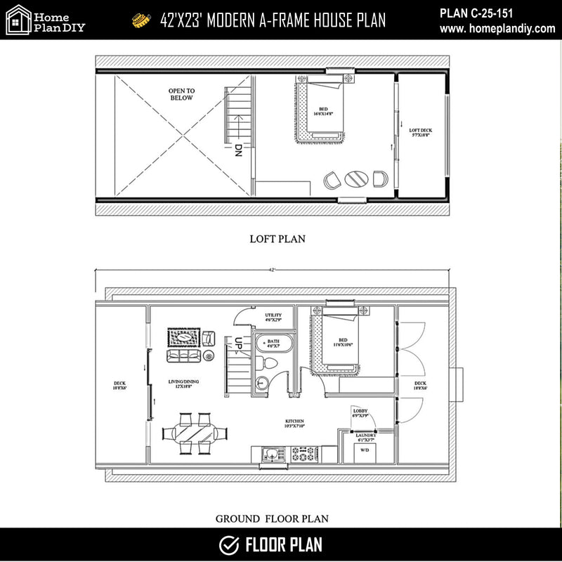2 bedroom 1 bathroom modern A-frame cabin floor plan with loft
