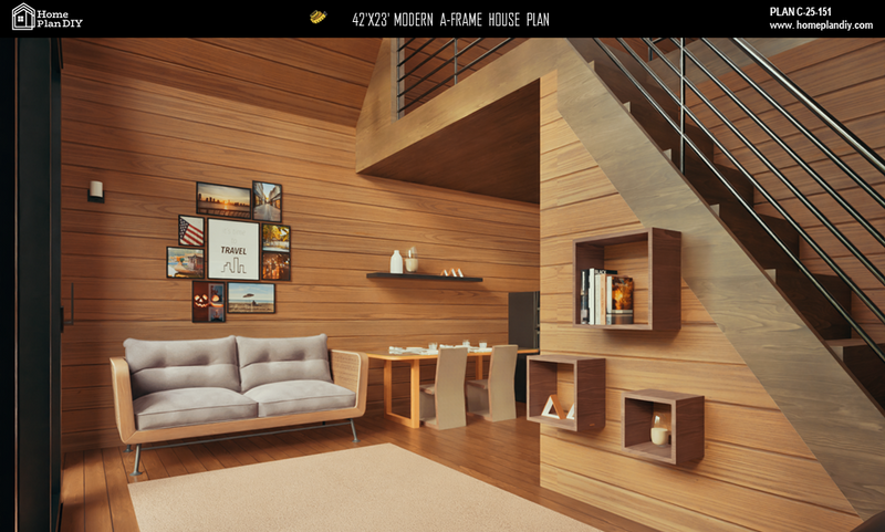 2 bedroom 1 bathroom modern A-frame cabin floor plan with loft