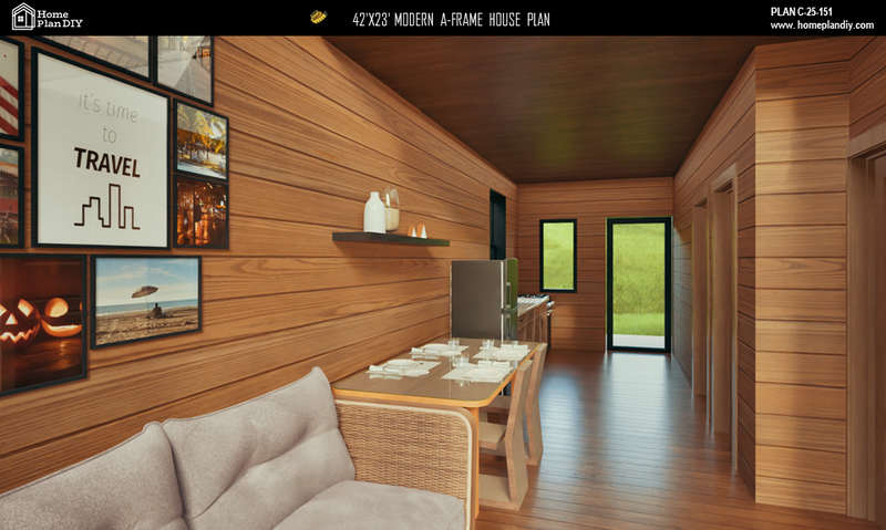 2 bedroom 1 bathroom modern A-frame cabin floor plan with loft