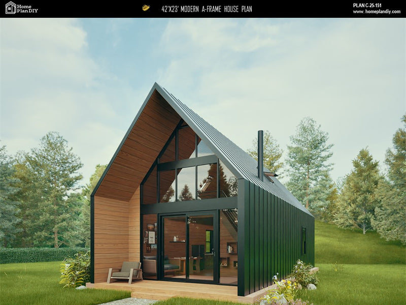 Modern two-story A-frame house plan for vacation rental or ADU