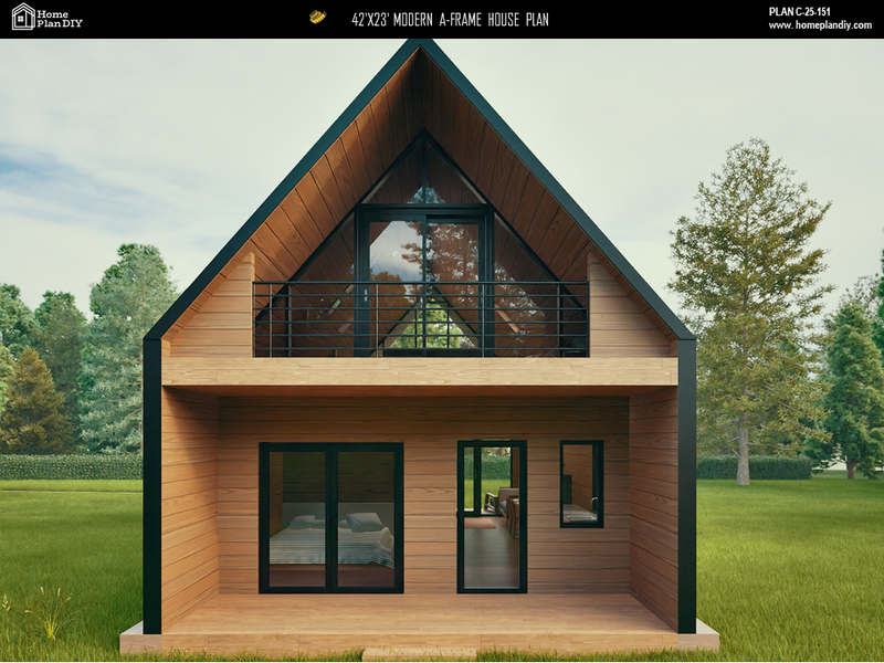 Open concept A-frame cabin design with loft and deck