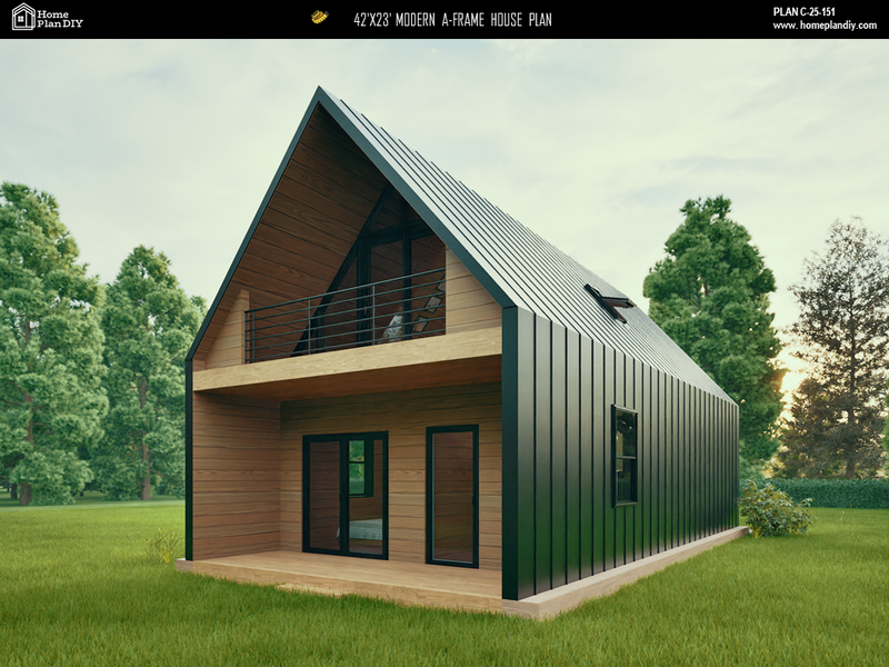 966 sqft tiny A-frame house blueprint with two decks