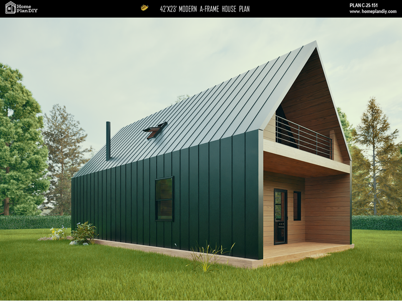2 bedroom 1 bathroom modern A-frame cabin floor plan with loft