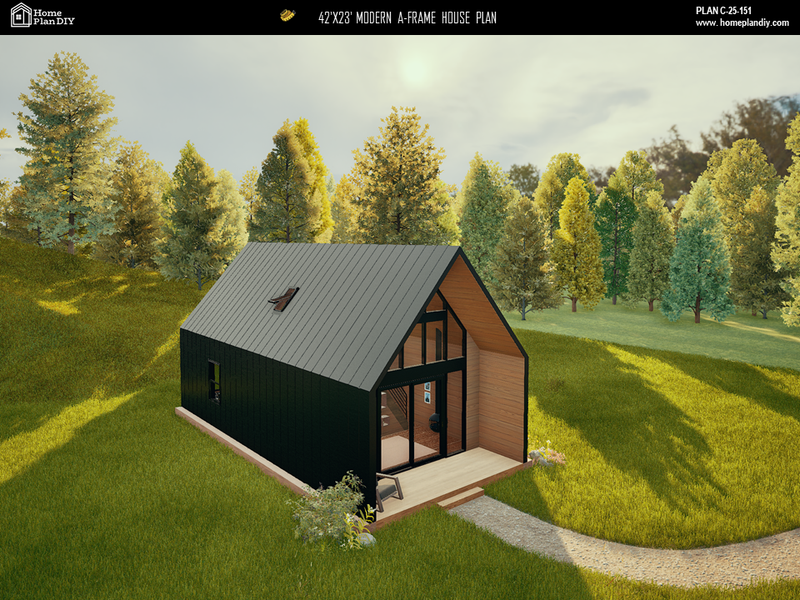 2 bedroom 1 bathroom modern A-frame cabin floor plan with loft