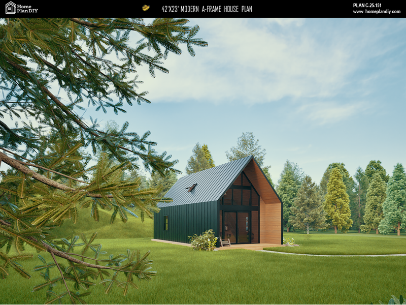 2 bedroom 1 bathroom modern A-frame cabin floor plan with loft