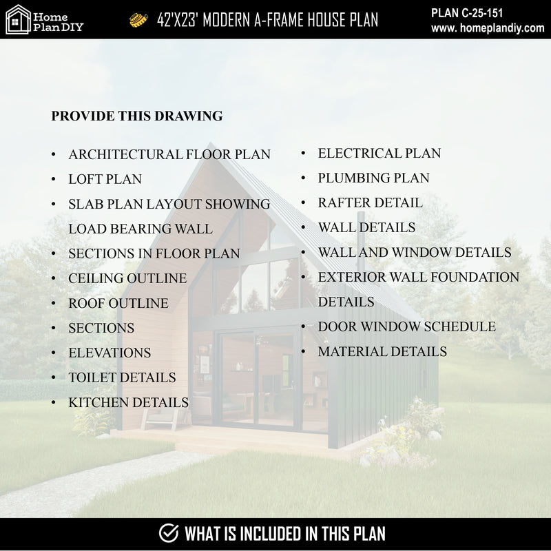 2 bedroom 1 bathroom modern A-frame cabin floor plan with loft