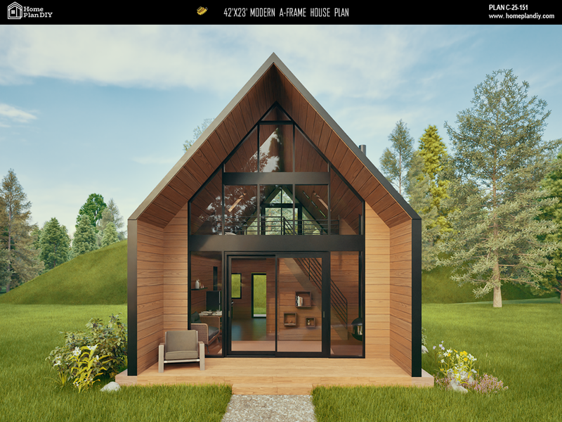 2 bedroom 1 bathroom modern A-frame cabin floor plan with loft