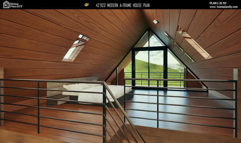 2 bedroom 1 bathroom modern A-frame cabin floor plan with loft