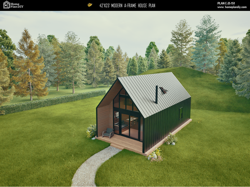 2 bedroom 1 bathroom modern A-frame cabin floor plan with loft