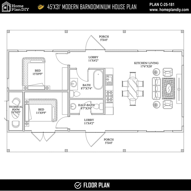 2 bedroom 2 bathroom modern barndominium house plan