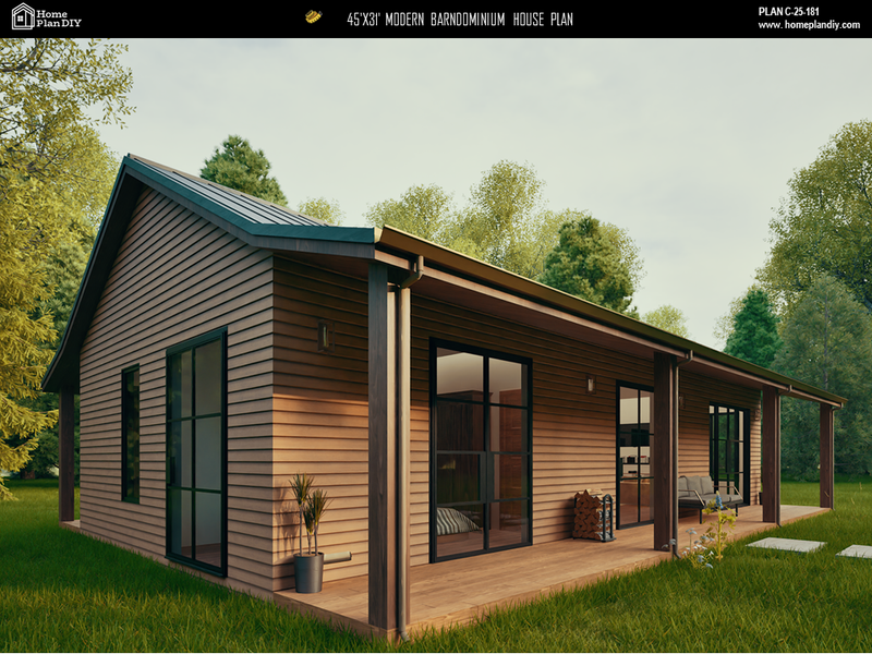 Rustic farmhouse blueprint with open concept layout and large porch